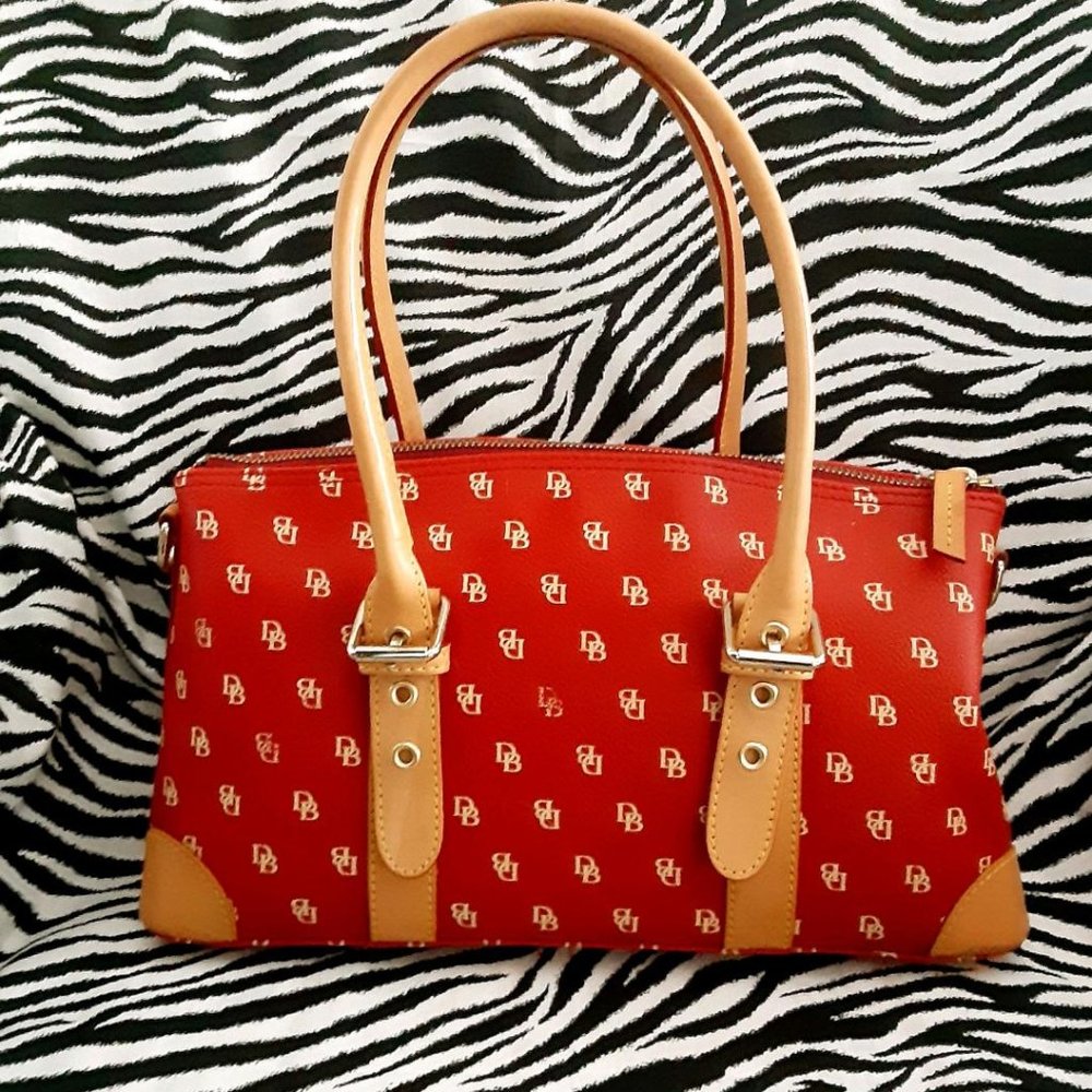 Red Logo-Print Satchel with Tan Trim and Double Handles, No Strap ! - Picture 4 of 16